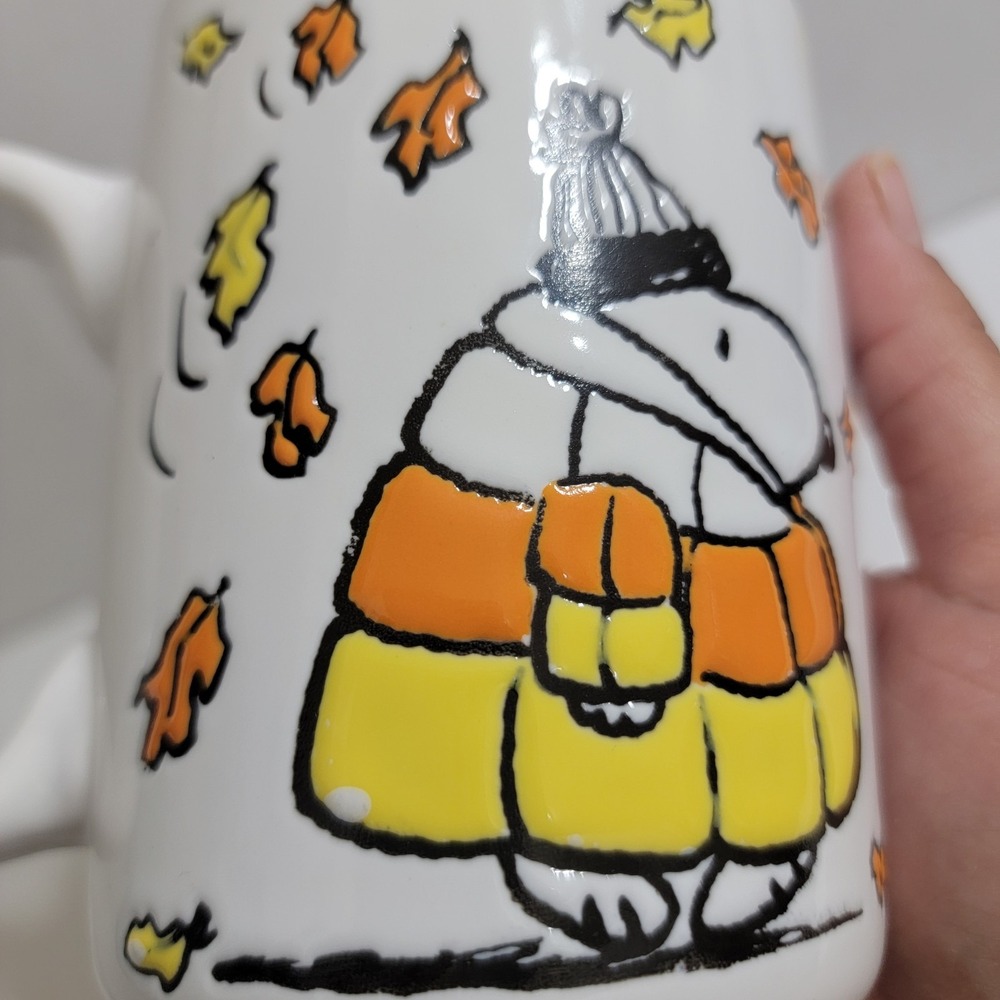 Peanuts 2025 Snoopy Candy Corn Puffer Jacket Fall Leaves Hand Painted Mug 16oz - Picture 7 of 7